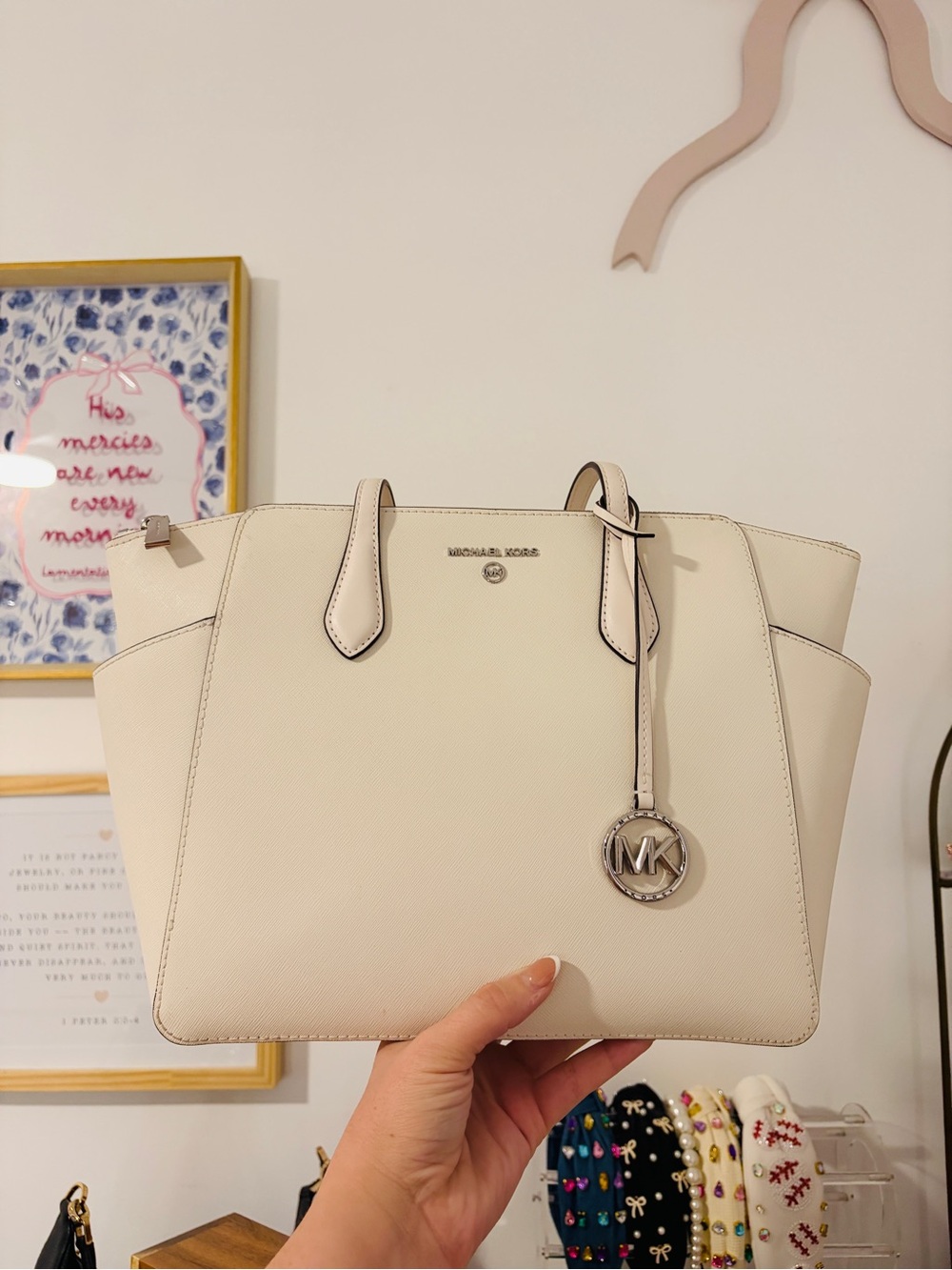 Michael Kors Cream Saffiano Tote with MK Charm